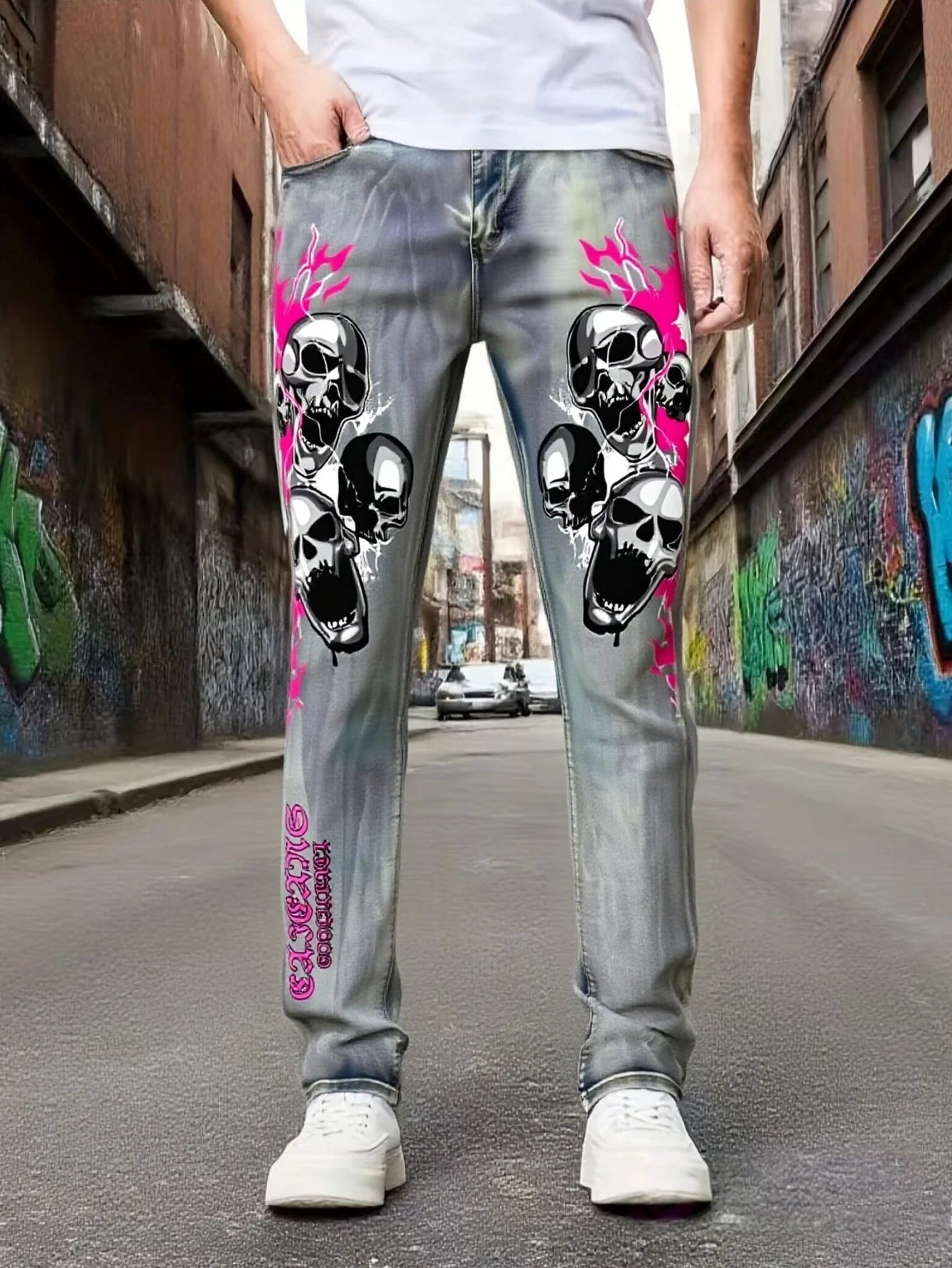 Men's Jeans With Fashionable Devil Print  High Waisted and Wide Leg Style  Enjoy Promotional Discount With Free Shipping
