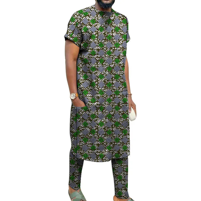 Men's Casual Suit Long Shirt With Trouser Male Nigerian Print Short Sleeve Top Set Designer African Couture