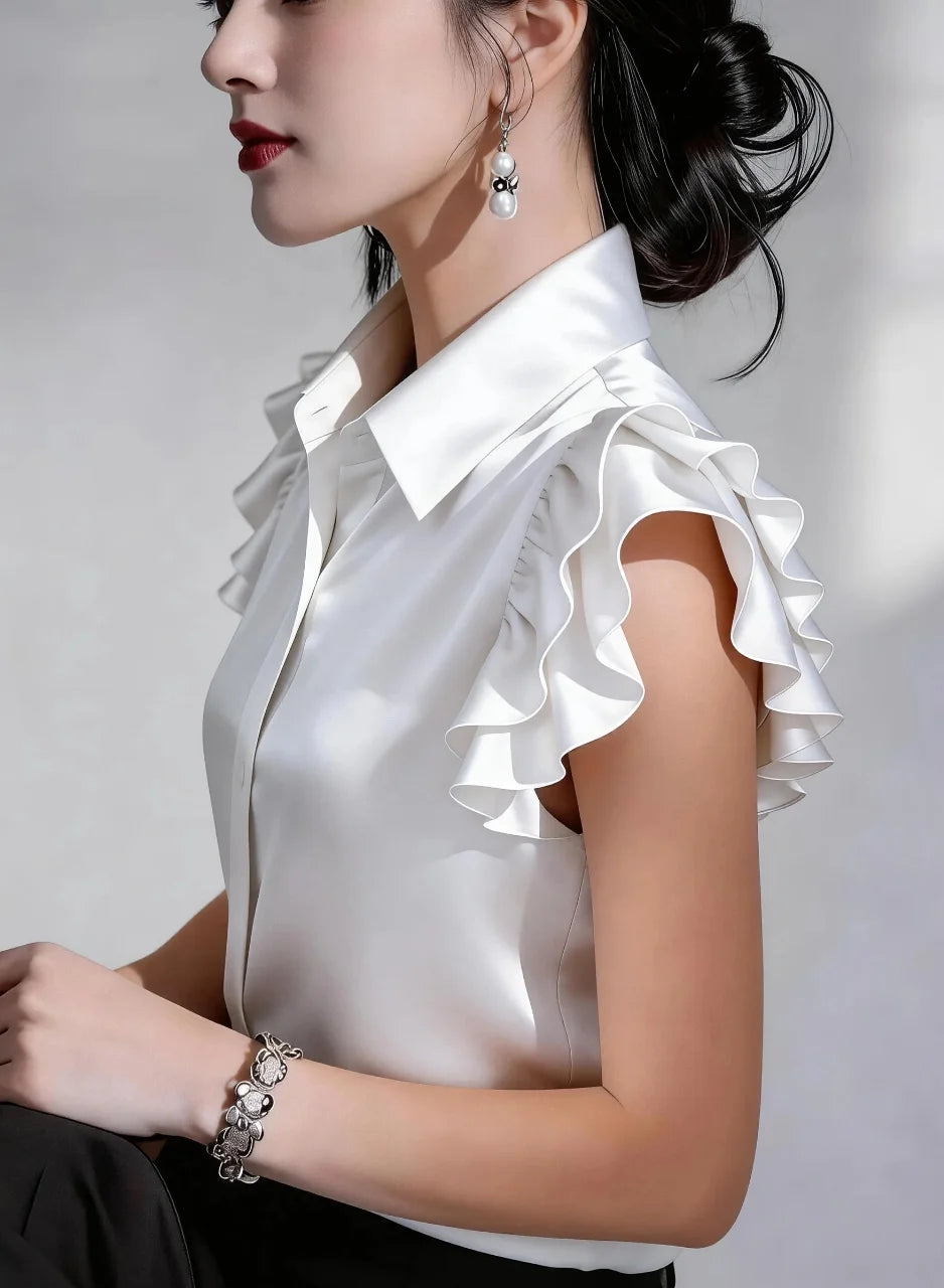 Women Elegant Satin Ruffle Sleeve Button Down Blouse Turn Down Collar Office Work Casual Shirt Top