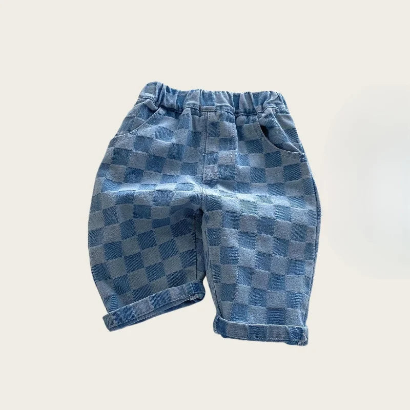 0-5 Y Little Kids Girls Boys Pants Korean Children's Clothes 2026 Cotton Checkered Soft Denim Jeans Stylish Comfortable Trousers
