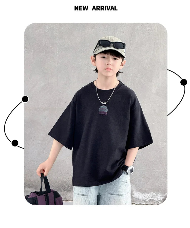 New Summer High Quality Teenage Children Short Sleeve Cotton T-shirt for a Boy Casual Tee Tops Kids Elegant Luxury Tshirt Wear