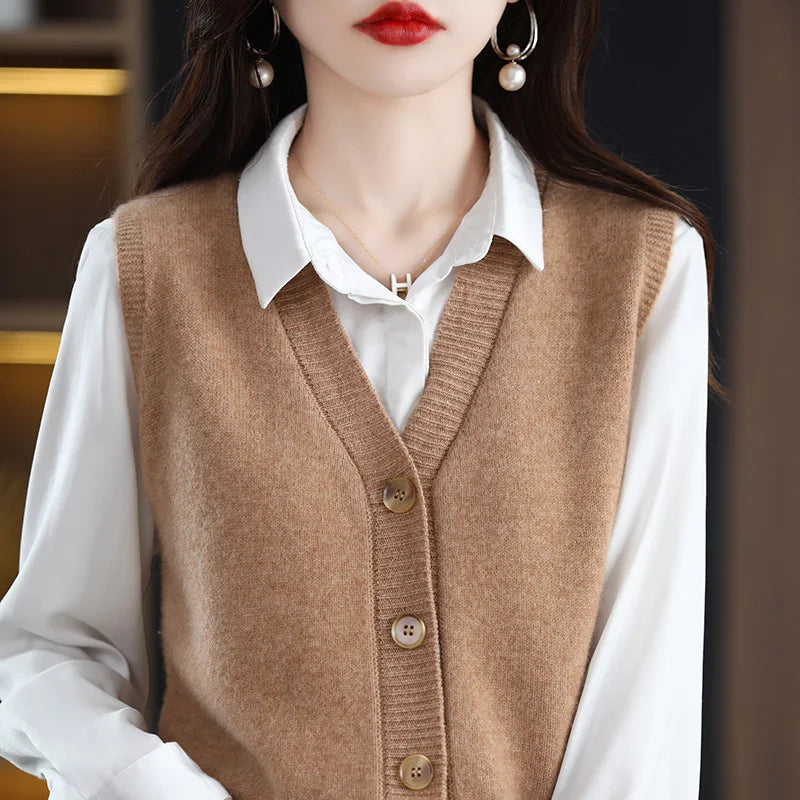 Girls Wear New Women's Loose High-End Waistcoat Knit Vest Wool V-Neck Solid Color Button Sleeveless Fashion Coat Cardigan Trend