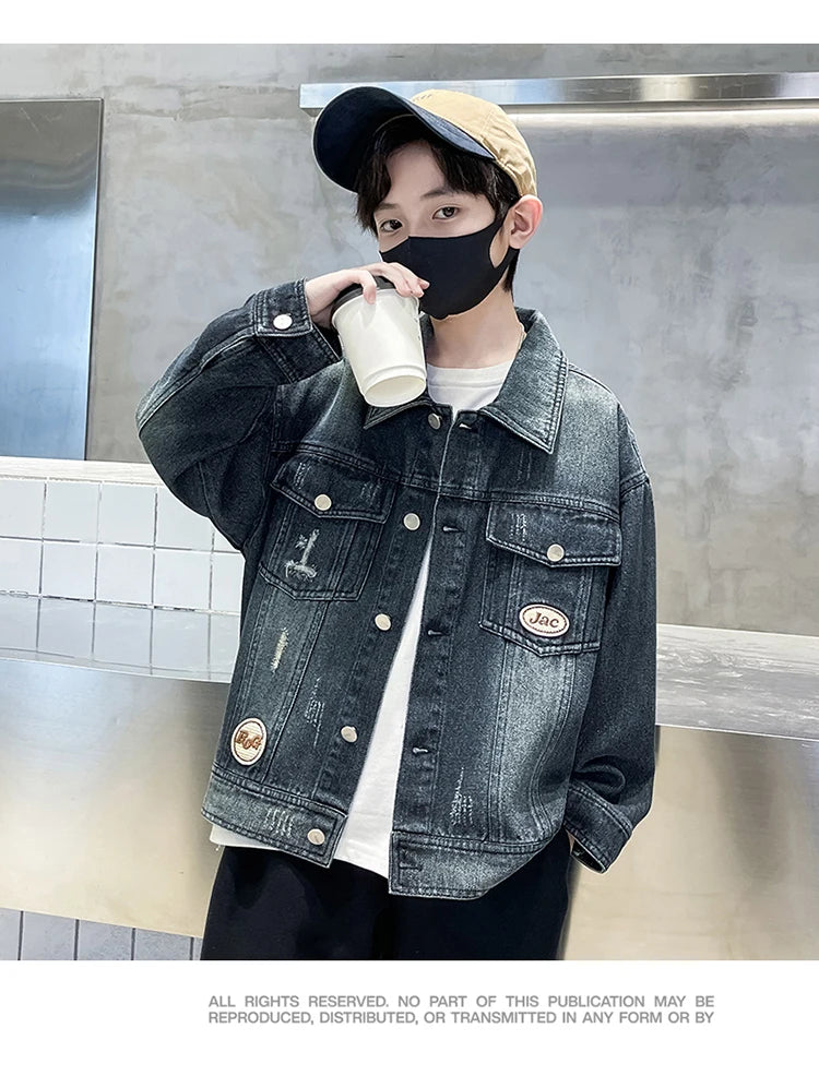 Kids Luxury Clothing Black Blue Denim Jacket for Teenage Boy Spring Autumn Ripped Denim Jacket Coat Child Casual Outfit Age 5-14