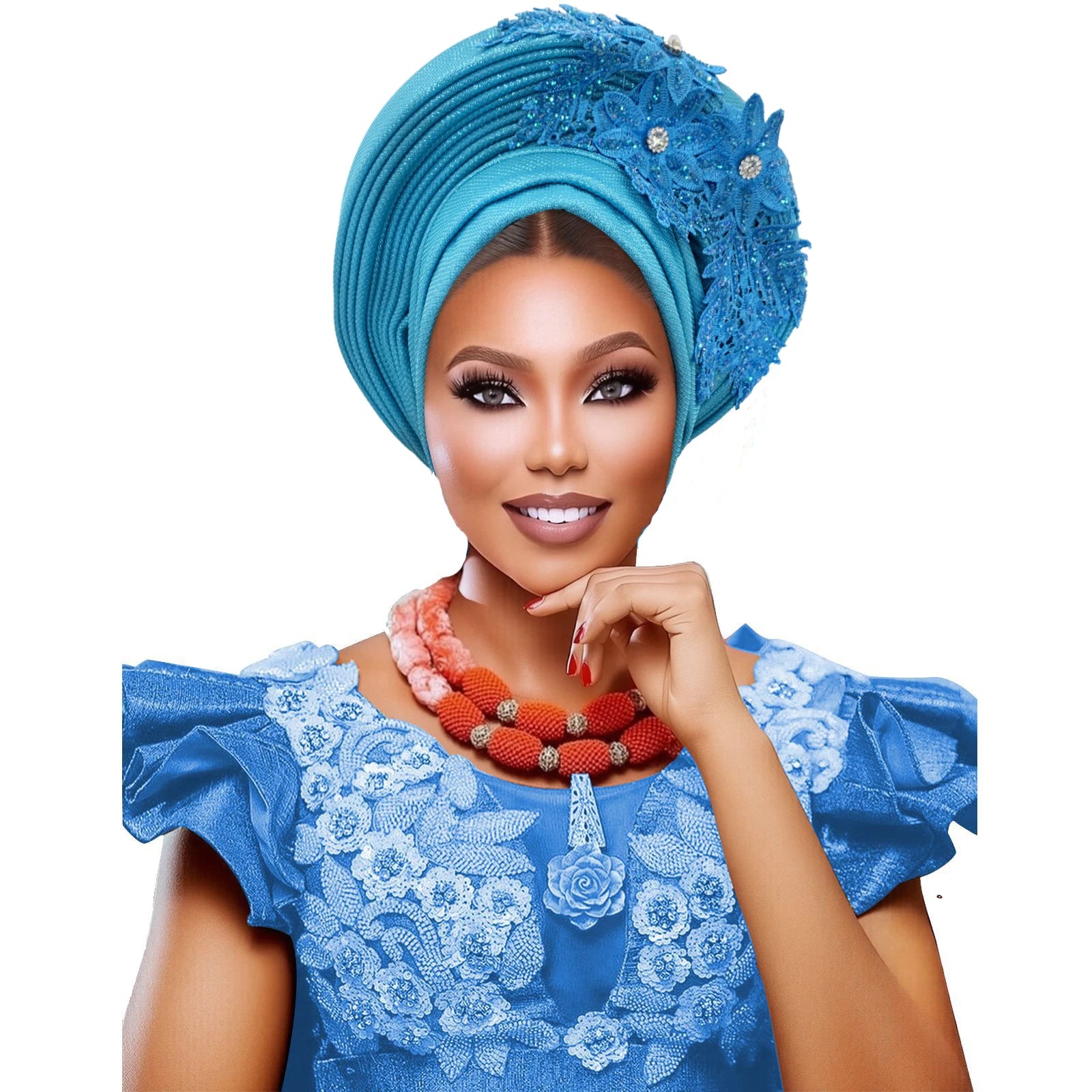 Elegant African Autogele Women's Turban Cap Nigeria Wedding Gele Ready to Wear Headtie with Embroidery Lace Party Headwear