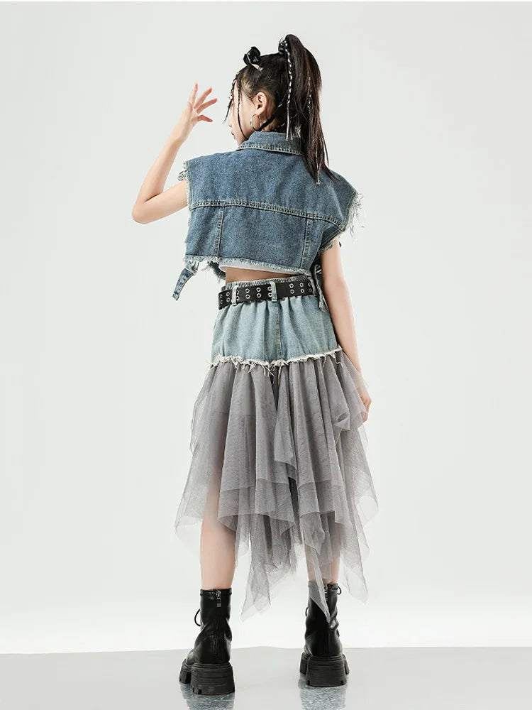Girls Hip Hop Clothing Denim Sleeveless Jacket Vest Top Street Patchwork Mesh Skirt for Kids Jazz Dance Costume Clothes