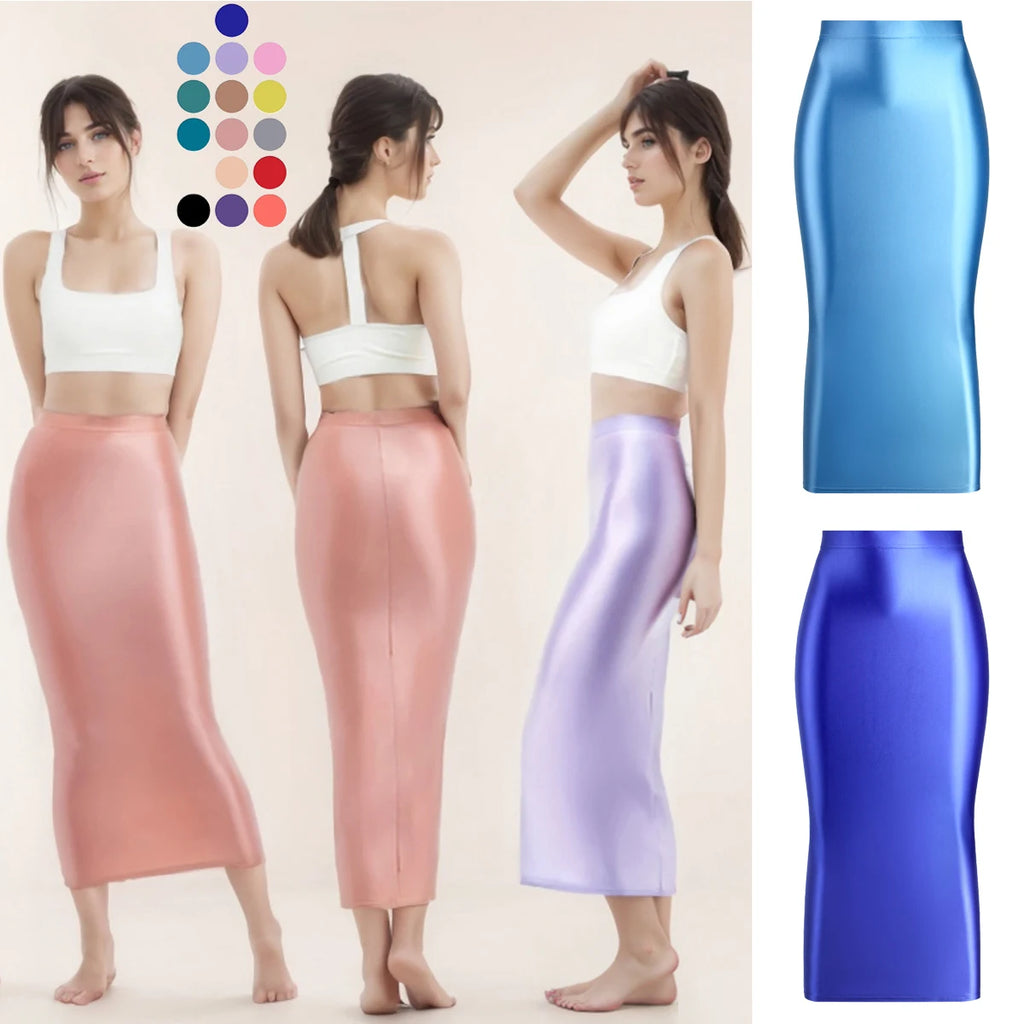 MJINM Women Sexy Oil Silky Satin Shiny Glossy High Elastic Skirt Hip Wrap One-step Ankle-Length Skirt Smooth Slimming Fit Skirt