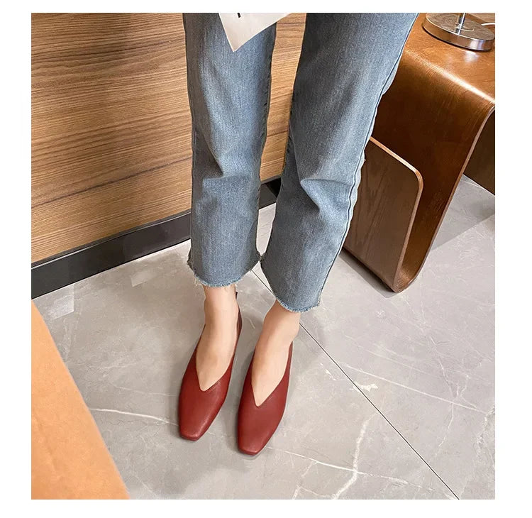 Genuine Leather Multi-color Low-heeled women's Shoes  Round Toe Flat Bottom Shallow Cut Single Shoe Casual Versatile Loafers