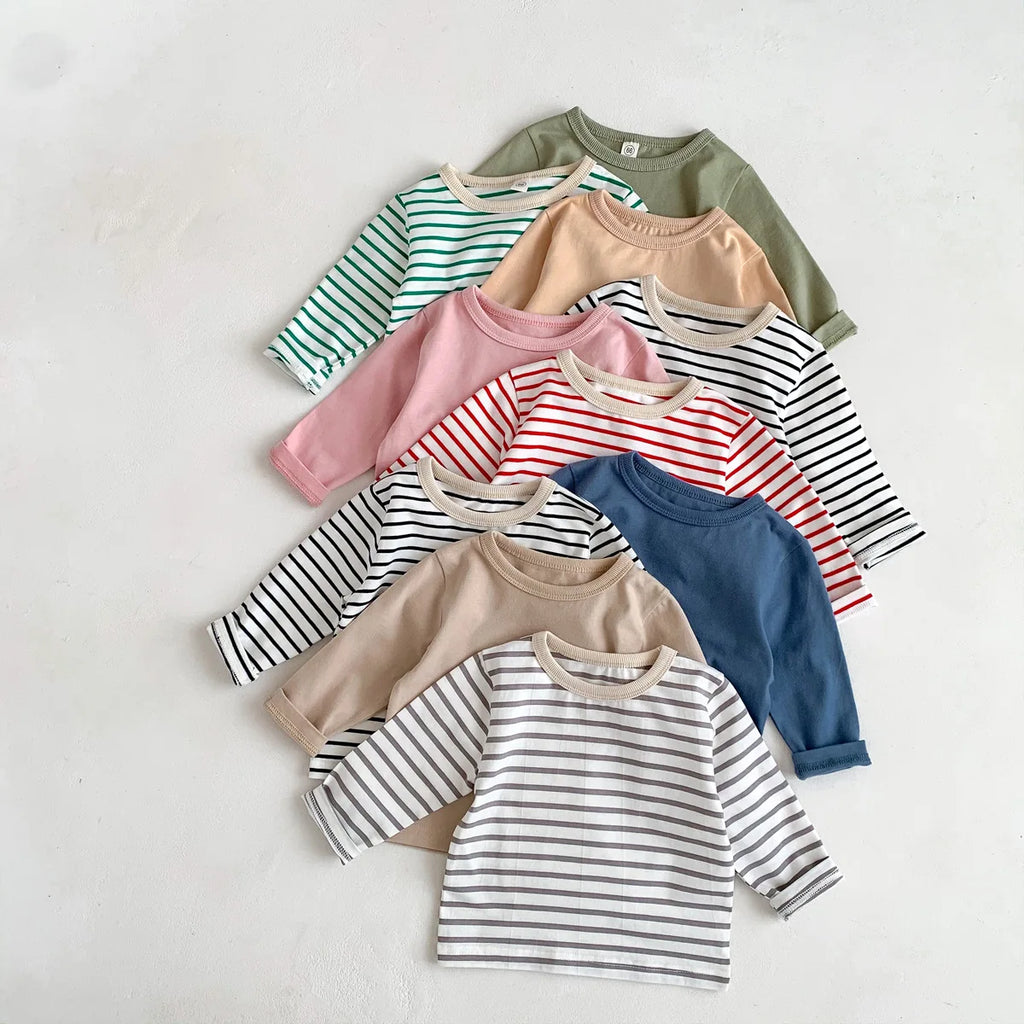 Infant Clothes Toddler Boy Cotton Long Sleeves T-shirts Spring Autumn Outfits Girl Baby Solid Bottoming Shirt Kid Striped Tees