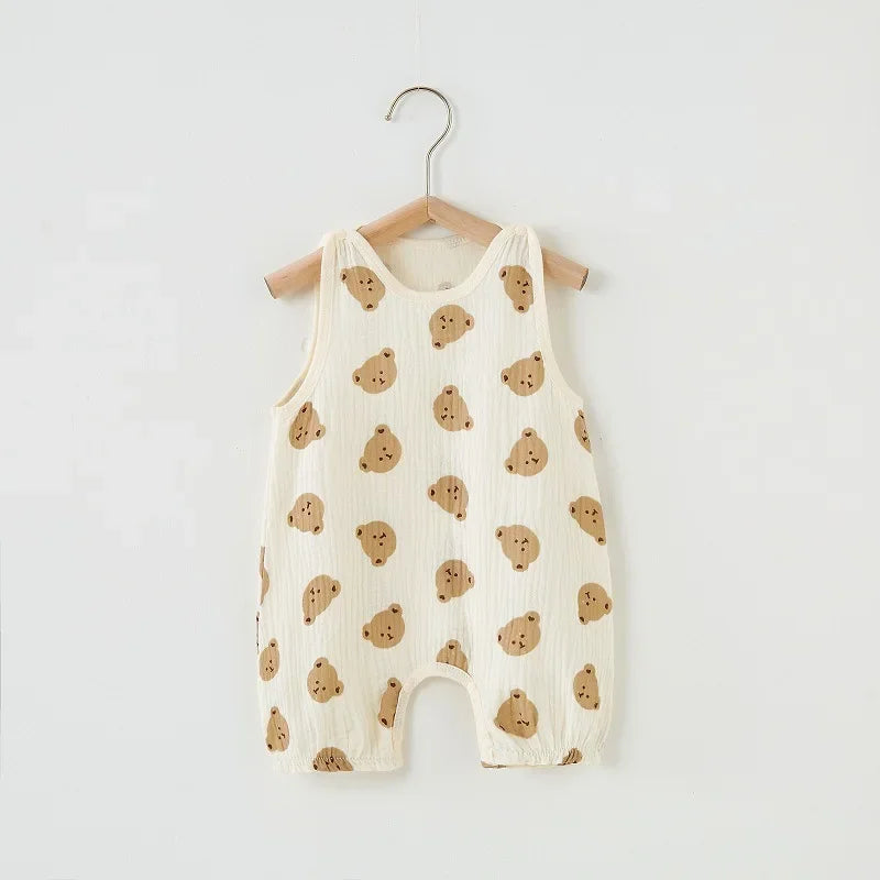 Summer Baby Girls Romper Cartoon Bear Newborn Jumpsuits Infant Sleeveless Muslin Clothing for Boys Printed Outfits