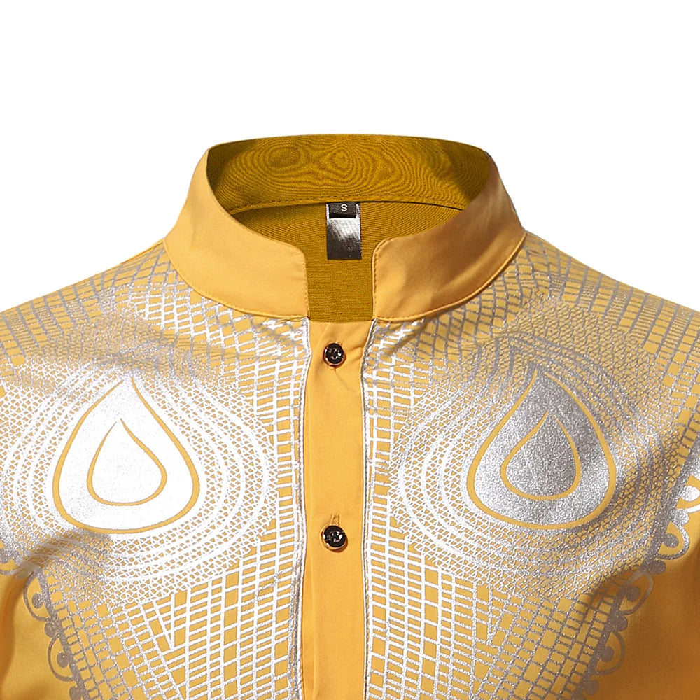 Men's African Style Ethnic Shirt Traditional Tribal Printed Stand Collar Robe Turkish Long Sleeve Dashiki Tops