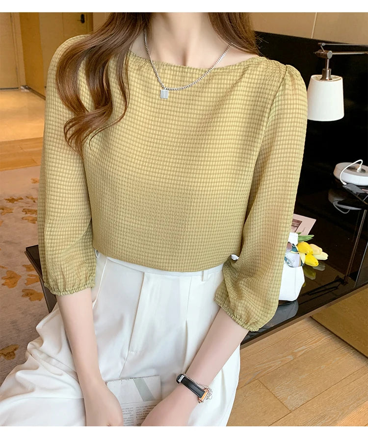 Blusas Para Mujer 2026 New Women Blouse Shirt O-Neck Black Chiffon Blouse Shirt Women Tops Blouses Shirts Blusas Camisas E474