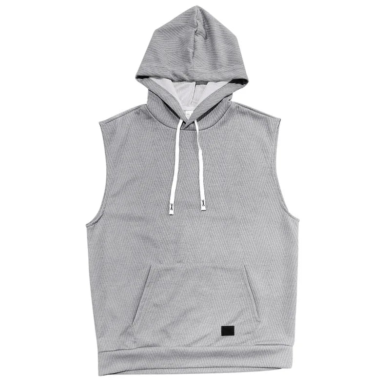 2026 Men's Casual 2 Piece Set Fashion Jacquard Knitted T-shirt Hooded Sleeveless Vest Elastic Waist Shorts Jogging Fitness Suit