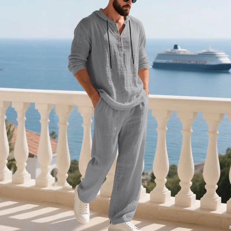 Men's Linen Hooded Sets 2 Piece Outfit Summer Casual Long Sleeve Hoodie and Wide Leg Pants Set for Men