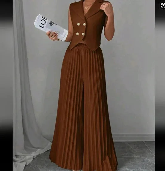 Elegant Formal Women Vest Trousers 2 Pieces Spring New Fashion Retro Wide-leg Pleated Pants Slimming Sleeveless Vest Female Set