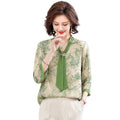 Women's Shirt Middle-aged Mother Elegant Summer Lady Shirts Bandage Floral Printed Chiffon Shirt Blouse Women's Clothing