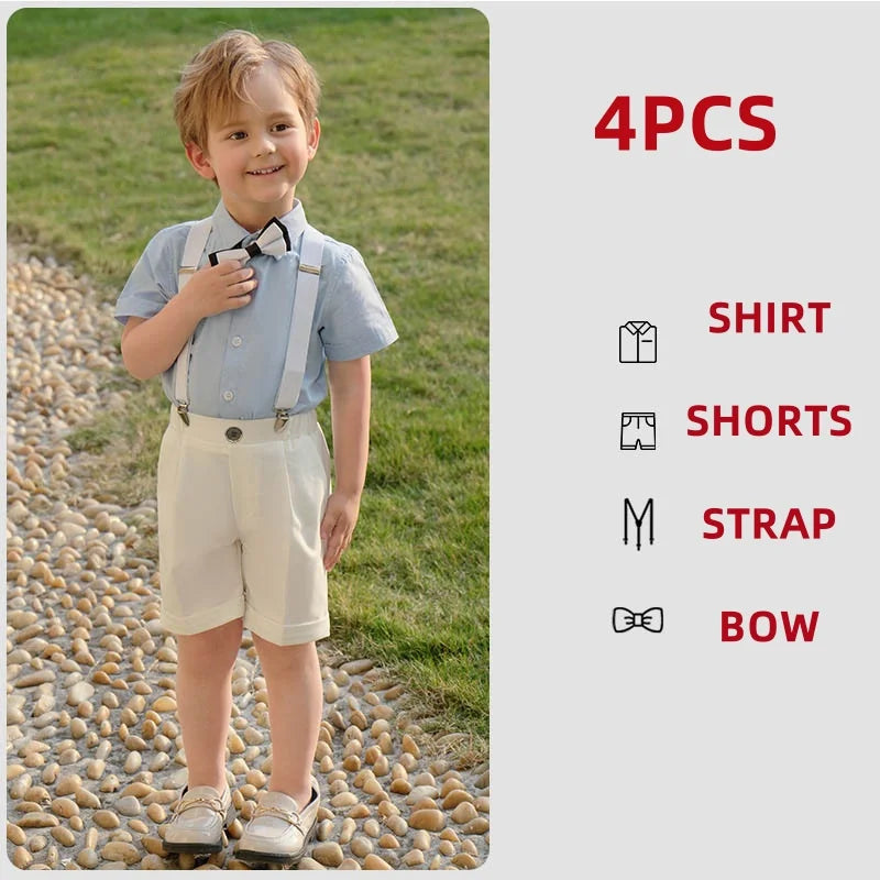 Kid Formal Strap Shirt Shorts Bowtie Clothing Set Gentleman Baby Toddler Tracksuit Elegant Boys Outfit Suit For Wedding Children