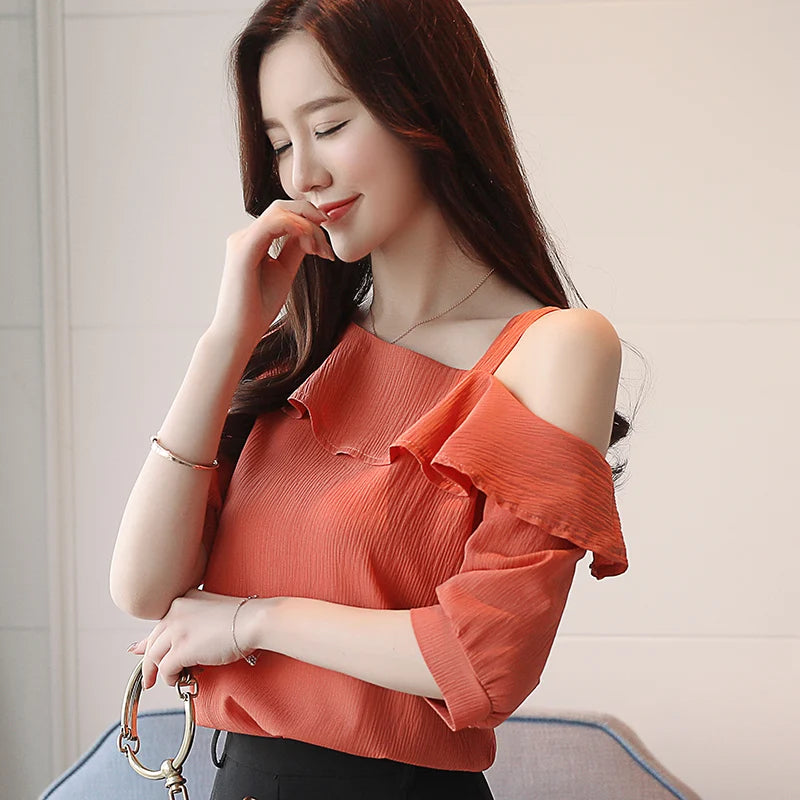 Fashion Women Blouses Sexy Slash Neck Chiffon Women Blouse Shirt Short Sleeve Summer Ladies Tops
