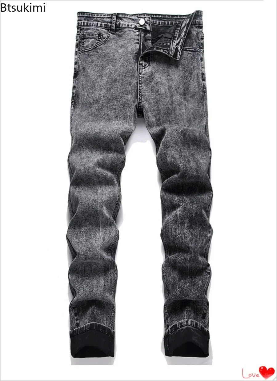 Men's High Street  Black Jeans Stretch Slim Fit Small Feet Pants Ripped Distressed Motorcycle Trouser Men Streetwear Denim Pants