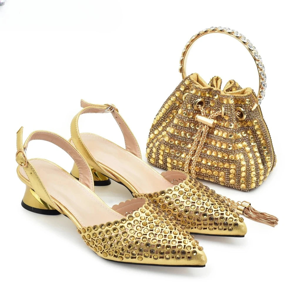 New Fashion Gold Color Shoes and Bags To Match Set Nigeria Party Women's Wedding Bag and Shoe Set Decorated with Rhinestone
