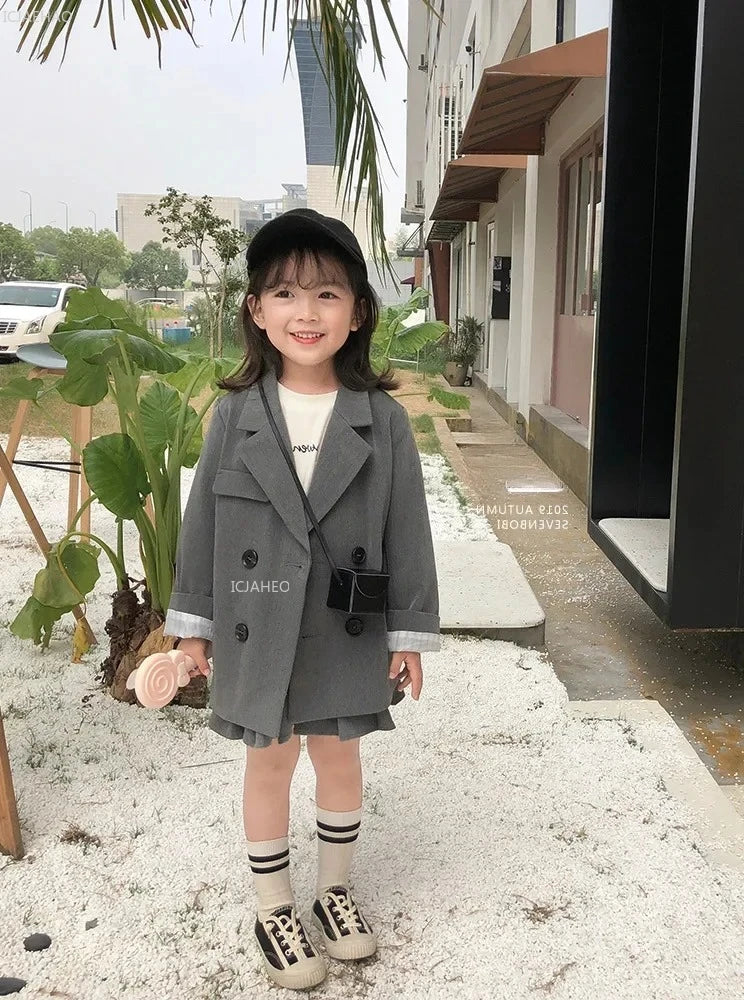 Baby Girls Boy Suit  Kids Tops Coats Jacket British Gray Childrens Clothing Fashion Double-breasted Spring Autumn Costume Sets