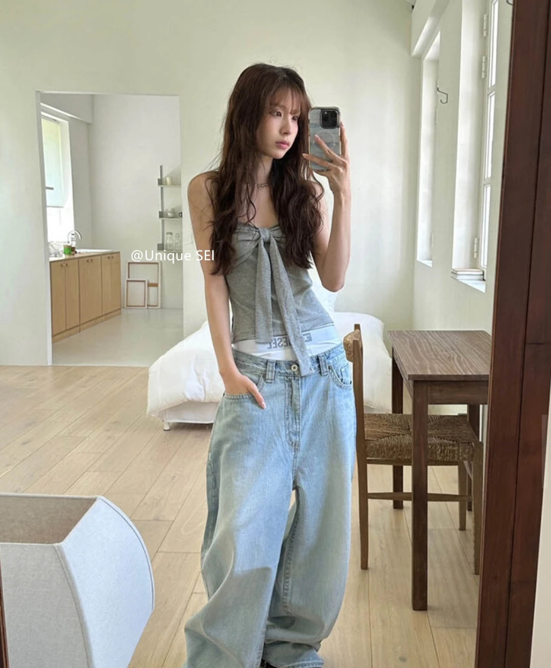 Summer Spicy Girl  Knot Tie Neck Vest Top Washed Denim Blue Women's Fashion Straight Cut Outerwear Short Length