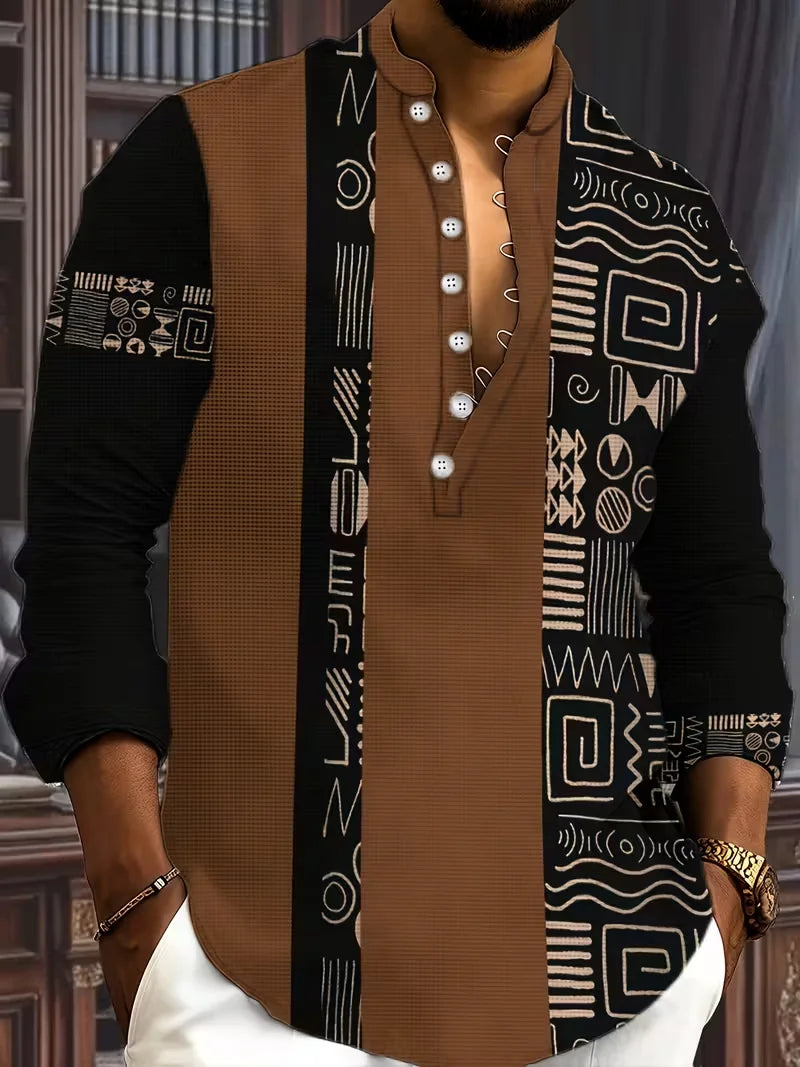 New men's casual Henry collar linen shirt with ethnic flower print men's shirt high-quality top suitable for daily tops