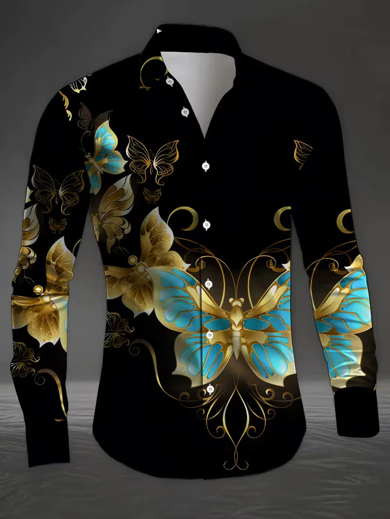 New men's floral shirt long sleeved casual shirt fashionable rose 3D butterfly print lapel slim fit Hawaiian shirt
