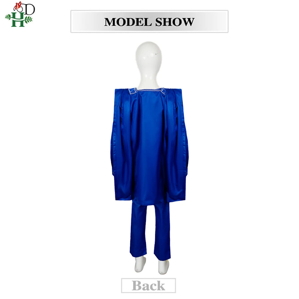 2025 New African Traditional Clothes For Kids Boy White Blue 3 PCS Set Long Sleeve Tops Embroidery Dashiki Robe Shirt Pant Child