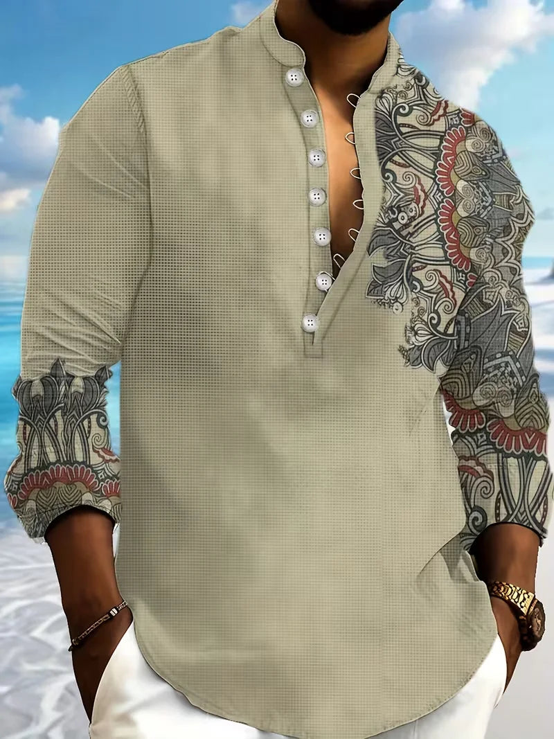 New men's casual Henry collar linen shirt with ethnic flower print men's shirt high-quality top suitable for daily tops