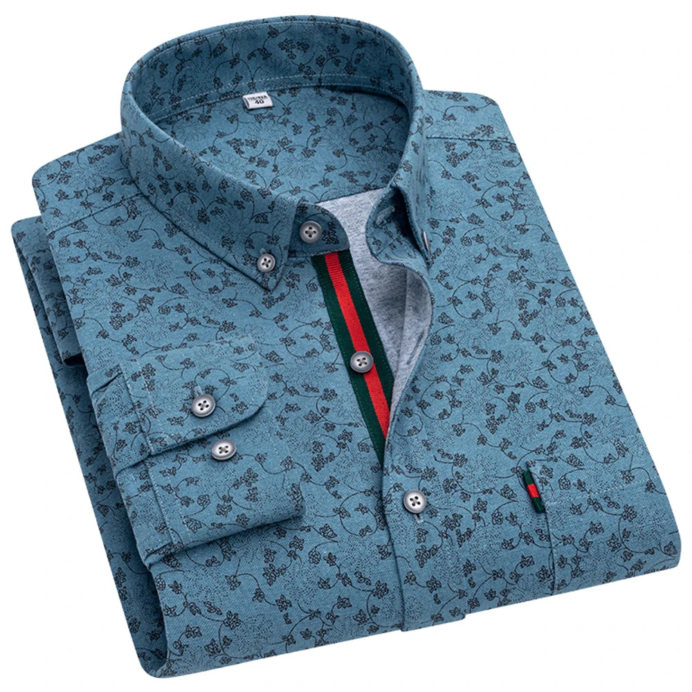 Men's Stylish Floral Print Button-Up Collar Dress Shirt with Stripe Placket, Holiday Style 100% Cotton Long Sleeve Oxford Shirts