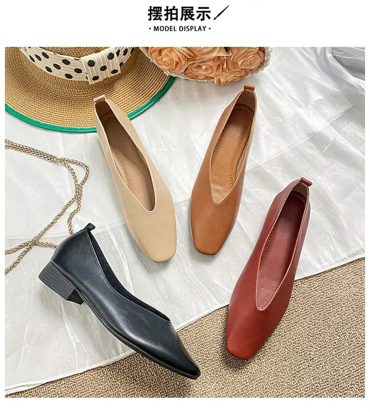 Genuine Leather Multi-color Low-heeled women's Shoes  Round Toe Flat Bottom Shallow Cut Single Shoe Casual Versatile Loafers