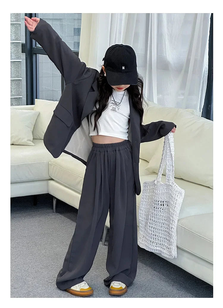 Girls Blazer Set Spring Autumn Fashion Loose Fit Jacket Trousers 2-Piece Kids Casual Outfit Trendy School Children Clothes Suit