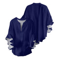Women's Pure Color Blouse Navy Blue & White Bubble Crepe Shirt with V-Neck and Ruffled Flounce Sleeves, Chic Modern Casual Top
