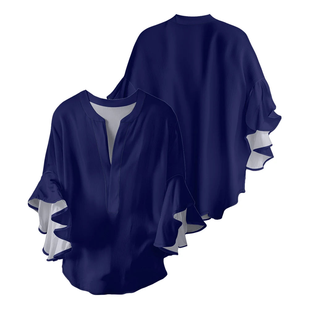 Women's Pure Color Blouse Navy Blue & White Bubble Crepe Shirt with V-Neck and Ruffled Flounce Sleeves, Chic Modern Casual Top