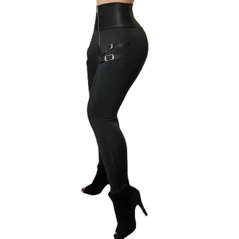 Ladies Black Leggings Trousers High-Waisted Casual Tight Pants Zipper Buckle Design Solid Color Female Cropped Trousers