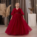 Teenage Girls Christmas Party Dresses For Children V Back Big Bow Tulle Long Dress For Kids Birthday Party Wedding Pageant Gown