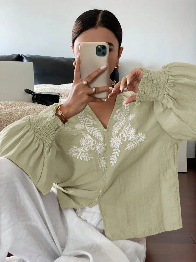 Women Autumn Single Breasted V-neck Blouses and Shirts Ladies Casual Embroidery Long Sleeve Shirt Tops
