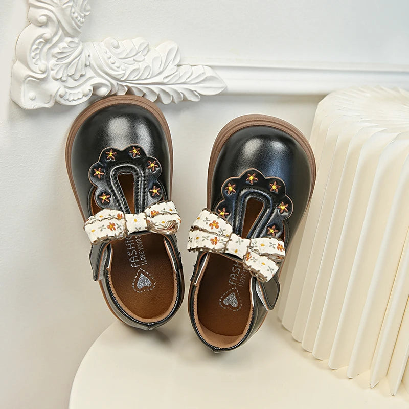 Cute bow Leather Girls Shoes 2025 New T-strap Oxfords Spring Kids Soft Shoes For Girl School Children Princess Dress Shoes