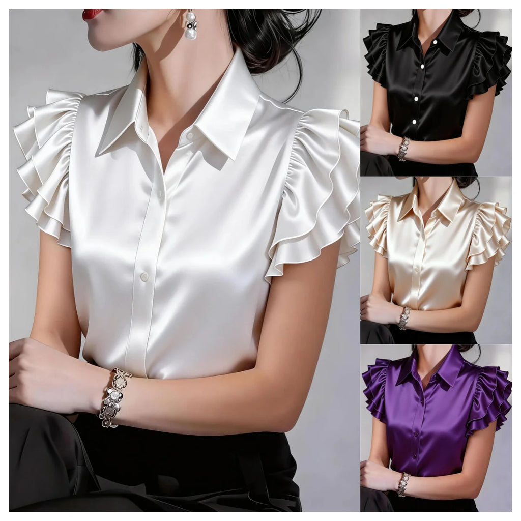 Women Elegant Satin Ruffle Sleeve Button Down Blouse Turn Down Collar Office Work Casual Shirt Top