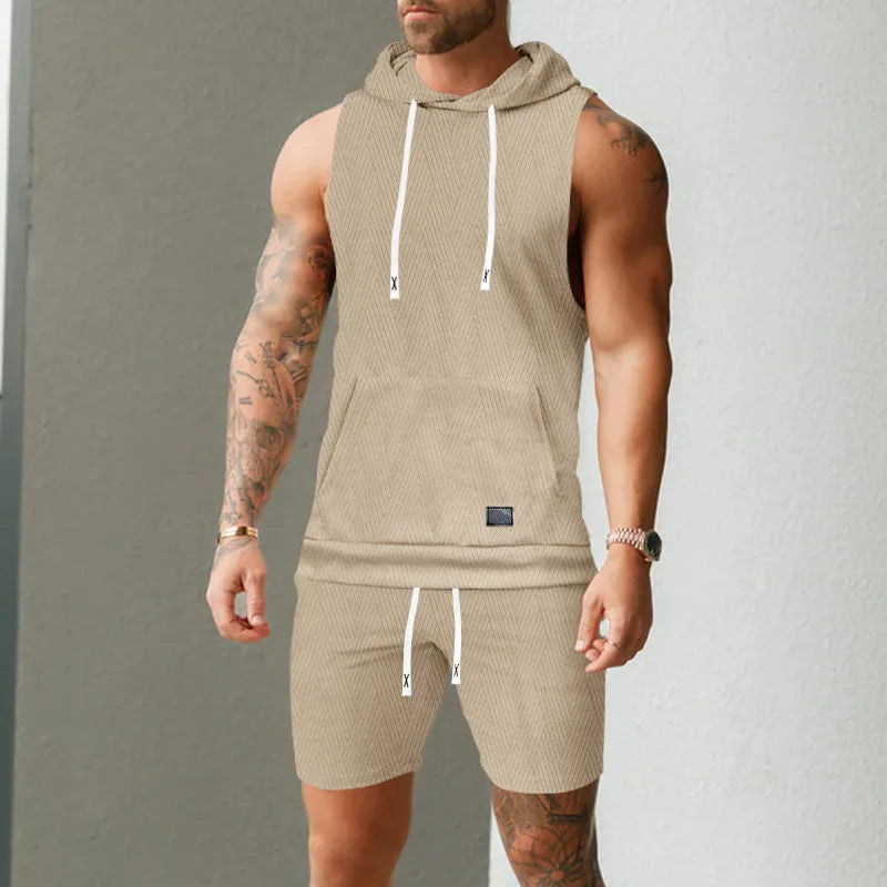 2026 Men's Casual 2 Piece Set Fashion Jacquard Knitted T-shirt Hooded Sleeveless Vest Elastic Waist Shorts Jogging Fitness Suit