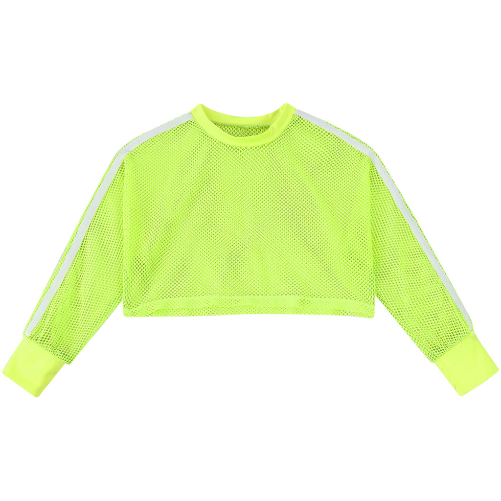 Kids Girls Fishnet T-shirt Hip Hop Street Dance Tops Long Sleeve Round Neck Hollow Out Mesh Crop Top for Workout Gym Sportswear