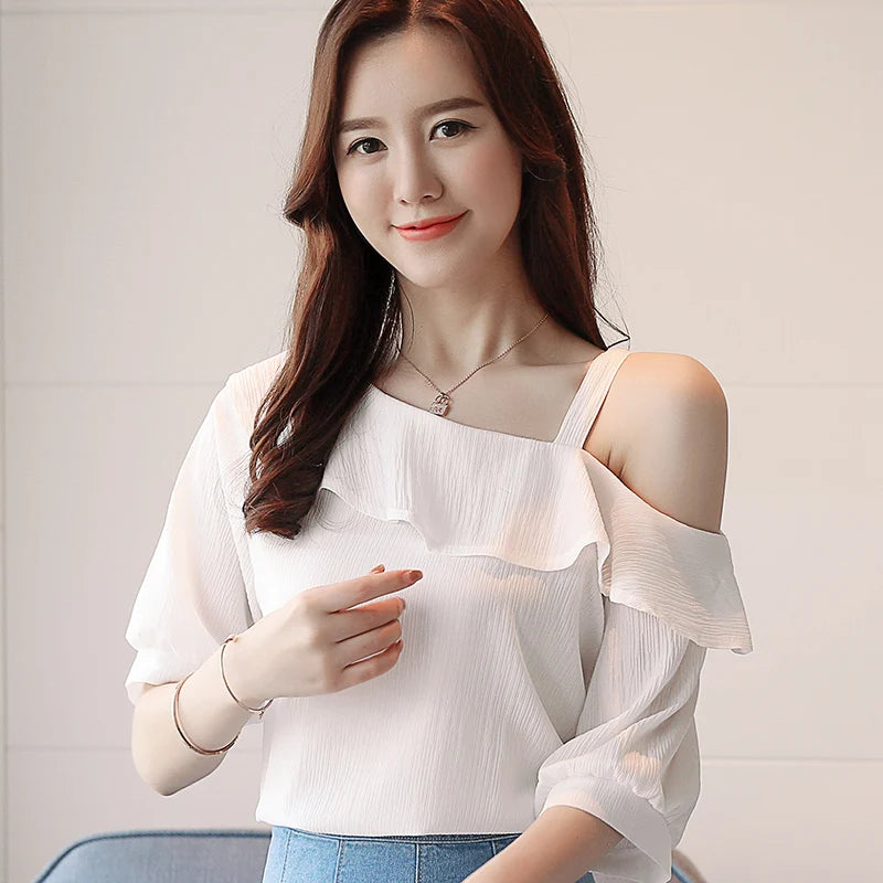 Fashion Women Blouses Sexy Slash Neck Chiffon Women Blouse Shirt Short Sleeve Summer Ladies Tops