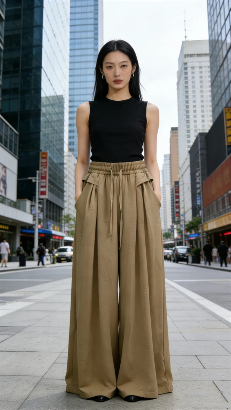 Women's Trousers New Fashion Solid Color High Waist Lace Up Thin Women's Wide Leg Pants Simple Drape Loose Casual Female Pants