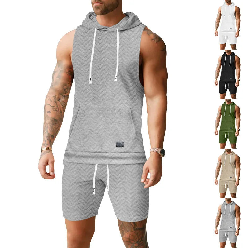 2026 Men's Casual 2 Piece Set Fashion Jacquard Knitted T-shirt Hooded Sleeveless Vest Elastic Waist Shorts Jogging Fitness Suit