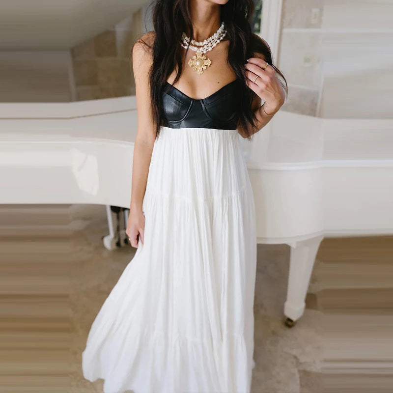 Summer Sexy Color Blocked Beach Vacation Dress Elegant High Waist Off Shoulder Dress Fashion PU Leather Spliced Pleat Maxi Dress