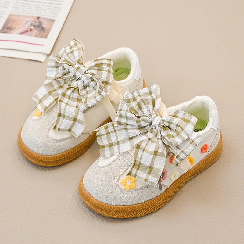 2026 New Girl Casual Sports Shoes Fashion Plaid Bowknot School Cute Flower Children Tennis Shoes Running Kids Patchwork Sneakers