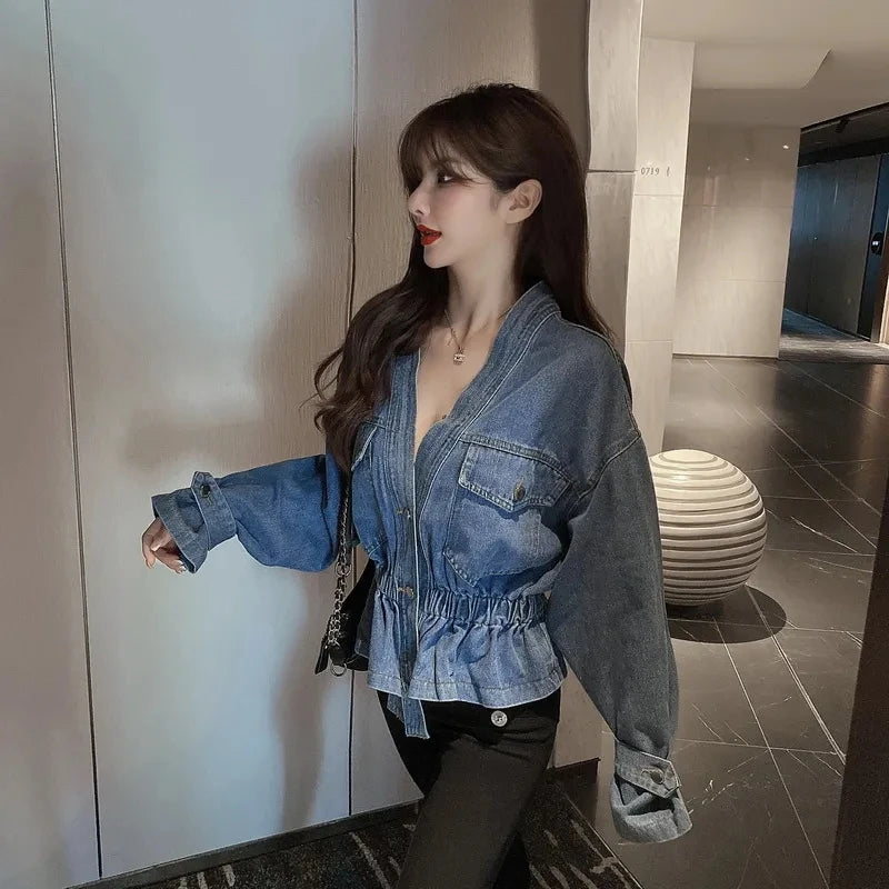 Jean Jacket V-neck Pleated Waist Slim Coat Women's Autumn Korean Fashion Personalized Irregular Shirt Loose Casual Denim Tops