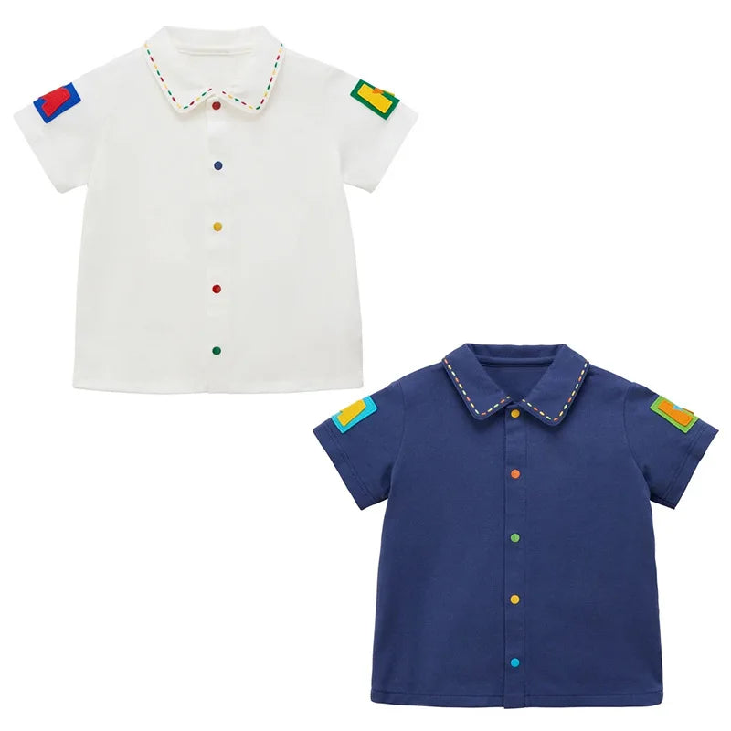 2026 Summer Kids Button Down Shirt Baby Boy Girl Casual Cotton Blouse Colorful Buttons Alphabet Embroidery Undershirt Tops