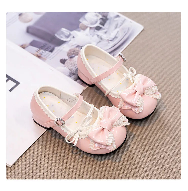 Girl Princess Shoes Spring 2026 New Bow French Heels Leather Shoe Sweet Lolita Party Dress Shoes Children's Mary Jane Size 26-36