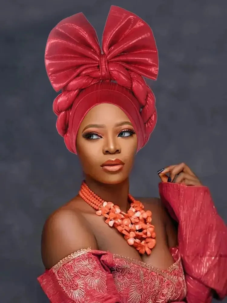 African Lady Head Wraps Nigeria Autogele Headtie Wedding Party Headgear Turbante Mujer Exaggerated Bow Turban Cap for Women